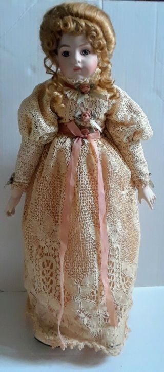 Vintage 28 Inch Porcelain China Doll w/Lace Dress & Stand,  Cond Victorian 5