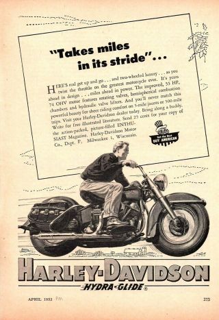Vintage 1953 Harley Davidson Ad,  Hydra - Glide