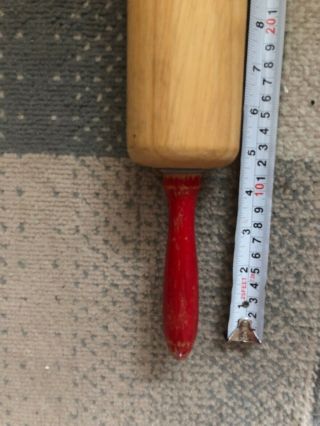 Antique Vintage Wooden Wood 21” Rolling Pin With Red Paint Handles