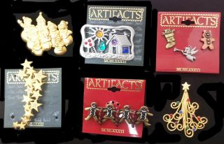 6 Vintage Jonette Jewelry Pins,  Christmas Tree,  Gingerbread People Tack Pins,