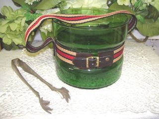 Green Glass Ice Bucket & Silver Tongs Vintage Depression Glass