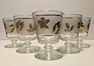 Vintage Set Of 5 Libbey Frosted Gold Leaf Footed 6 Oz Cordial Glasses