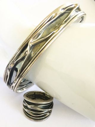 Vtg Sterling Silver Cuff Bracelet & Ring Navajo Mexican Artist Hand Crafted Set