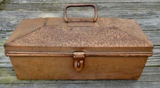 Antique Vintage Metal Tool Box With Dome Lid