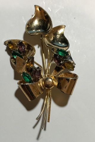 Vintage Coro Craft Sterling Silver Gold Vermeil Multi - Rhinestone Flower Brooch