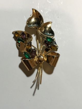 Vintage Coro Craft Sterling Silver Gold Vermeil Multi - Rhinestone Flower Brooch 2