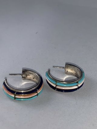 Vintage Zuni Navajo Sterling Silver 3 Row Turquoise Lapis Inlay Hoop Earrings