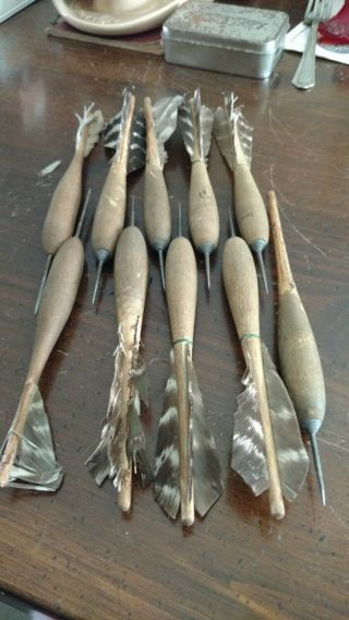 10 Vintage Wooden Darts With Real Feathers Steel Tips.