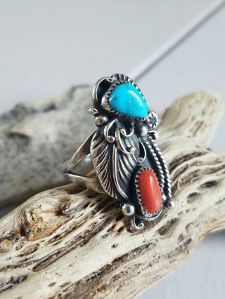 Vtg.  Native American L.  Reeves Navajo Sterling Silver Turquoise Red Coral Ring