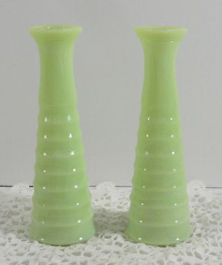 2 Vtg Jadeite Bud Vases Ribbed Design 6.  5 " Mckee Or Jeannette