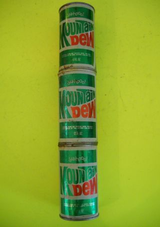 Stack of 3 Vintage 1960 ' s Straight Steel Pull Top Tab MOUNTAIN DEW CANS 3