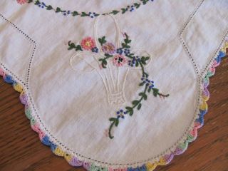 Vintage Dresser Scarf Table Runner - Embroidered Baskets,  Flowers & Crochet Edge 3