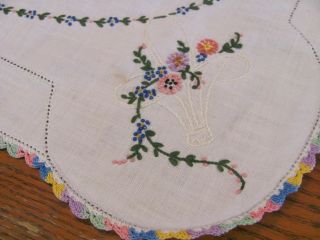 Vintage Dresser Scarf Table Runner - Embroidered Baskets,  Flowers & Crochet Edge 5