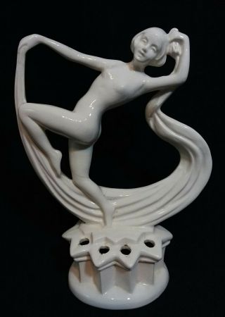 Vintage Art Nouveau Dancing Lady Nude Flower Frog White Pottery Deco