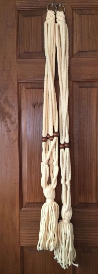 Two Vintage Macrame Plant Hangers,  Cream Colored W/brown Wood Beads