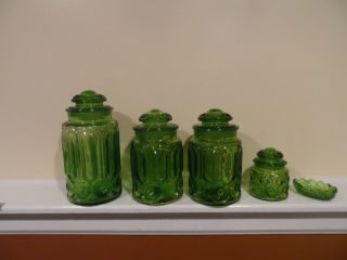 4 Vintage Green Moon and Star glass canisters 2