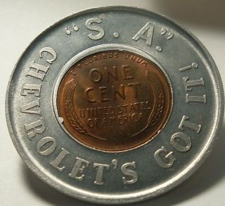 Vintage 1948 Avertising Encased Good Luck Coin S.  A.  Chevrolet 