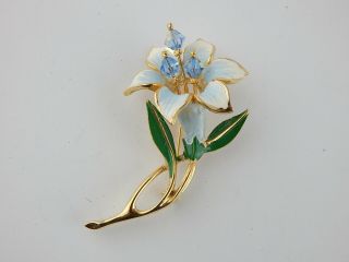 Vintage Signed Weiss Metal Enamel Rhinestone Lilly Flower Brooch Pin