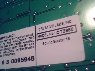 Creative Sound Blaster 16 Model CT2960 OPL3 ISA Sound Card vintage SBPRELUDE 8