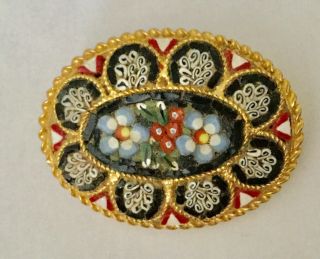 Vintage Micro Mosaic Oval Pin Brooch Intricate Design Gold Toned Beaded Setting