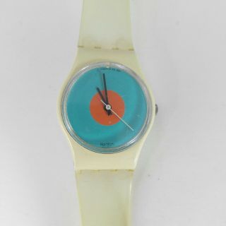 Vintage 1987 Swatch Watch Ladies S807 755.  Swatch Clear Band Blue Red Face.
