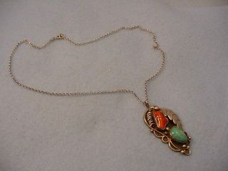 Vintage Sterling Turquoise & Coral Old Pawn Leaf Design Necklace