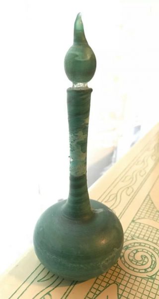 Vintage 5 3/4” Green Art Glass Hand Blown Perfume Cologne Decanter Bottle