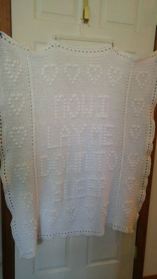 Vintage Hand Crocheted White Baby Blanket - " Now I Lay Me Down To Sleep "