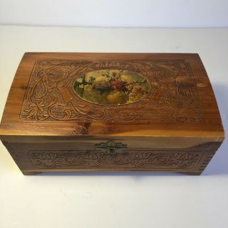 Vintage Hand Carved Wooden Jewelry Vanity Box Flower Vase Inlay 10x6x41/2