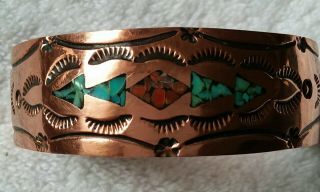 Vintage Navajo Copper Cuff Bracelet Turquoise Coral Chip Inlay,  Signed 2