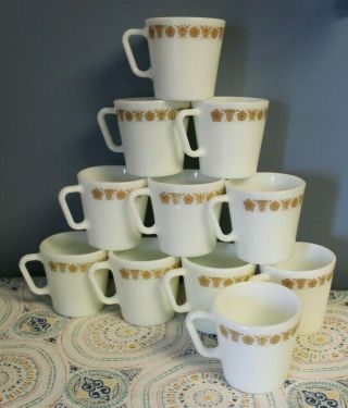 11 Vintage Pyrex 1410 Butterfly Gold D - Handle Milk Glass Coffee Cups Mugs