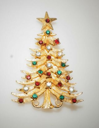Vintage Signed Mylu Red Green Rhinestone Gold Tone Christmas Tree Brooch Pin