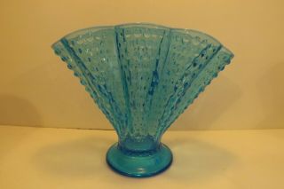 Vintage Fenton Art Glass Blue Opalescent Hobnail Footed Crimped Fan Vase 7 3/4 "