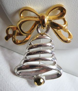 BR1 Vtg Krementz Christmas Bell Brooch Pin Rhinestone Silver Gold Tones 1.  5 