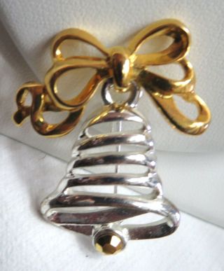 BR1 Vtg Krementz Christmas Bell Brooch Pin Rhinestone Silver Gold Tones 1.  5 