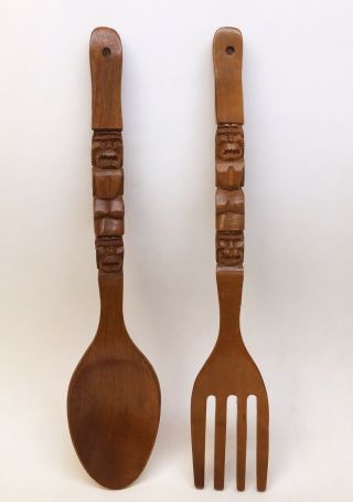 Vintage Wood Fork And Spoon Wall Decor Giant Carved Tiki Totem Wooden 22 "