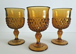 Vintage Set Of 3 Indiana Glass Amber Diamond Point Water Goblets