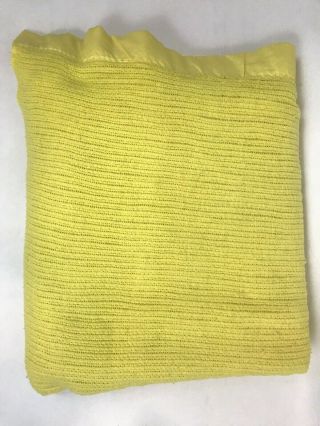Vintage Queen Blanket Acrylic Yellow Waffle Weave Satin Trim Usa