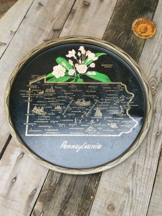 Vintage Pennsylvania Travel Souvenir Black Metal Tin Tray Plate State Map