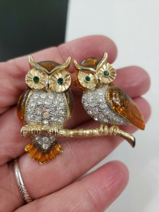 Vintage Sterling Silver Rhinestone 3 Owls Pin Brooch 2 " W 1.  5 " T