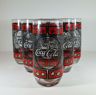 Set Of 6 Vintage Enjoy Coca - Cola Tiffany Style Stained Glass Drinking Glasses