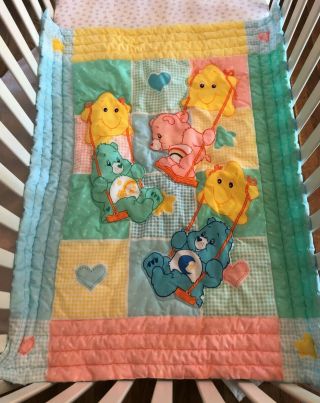 Rare Vintage Care Bears Pastel Baby Toddler Crib Comforter Quilt Blanket Bedding