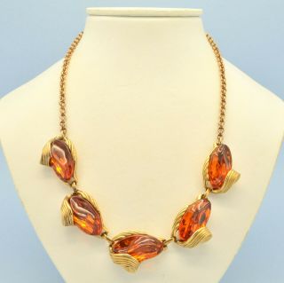Vintage Necklace 1950s Amber Glass Stylised Flowers Goldtone Bridal Jewellery