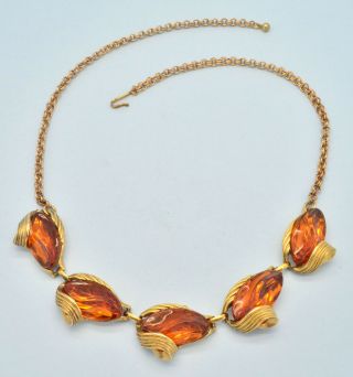 Vintage Necklace 1950s Amber Glass Stylised Flowers Goldtone Bridal Jewellery 2