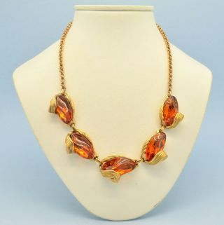 Vintage Necklace 1950s Amber Glass Stylised Flowers Goldtone Bridal Jewellery 5