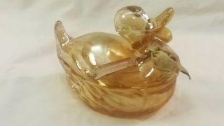 Vintage Orange Iridescent Depression Glass Duck Covered Candy Dish