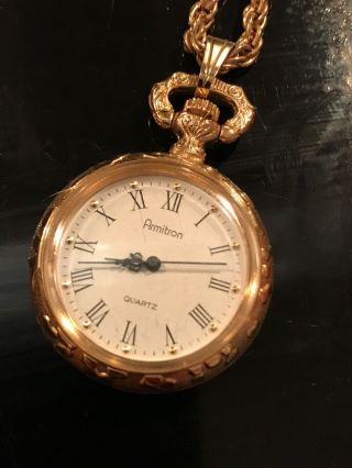Estate Armitron Vintage Gold Tone Quartz Pocket Watch W/chain Gorgeous Watch