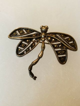 Vintage 925 Sterling Silver Marcasite Dragonfly Brooch Pin Detailed