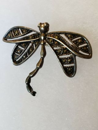 Vintage 925 Sterling Silver Marcasite Dragonfly Brooch Pin Detailed 2