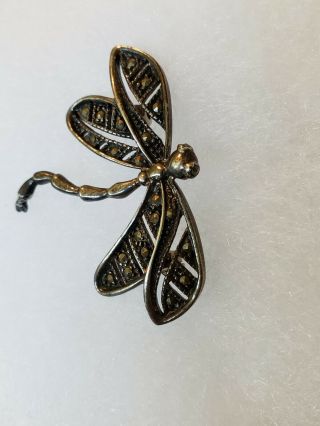 Vintage 925 Sterling Silver Marcasite Dragonfly Brooch Pin Detailed 3